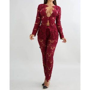 Red Mesh Flower floral lace set